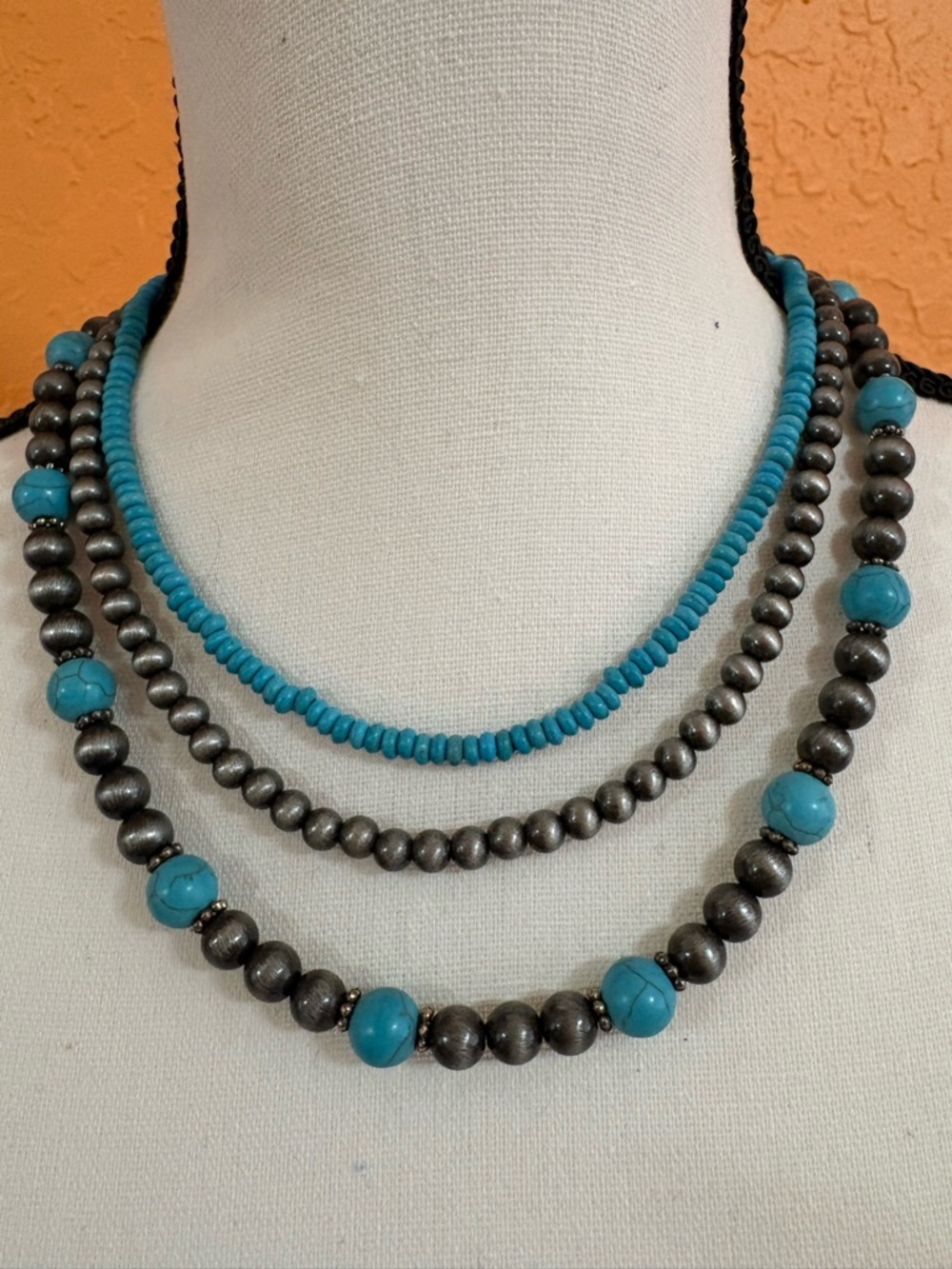 Layered Turquoise and Metallic Bead Necklace - Women Jewelry